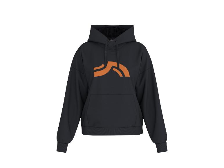 Sweat à capuche noir avec un motif abstrait orange sur la poitrine.