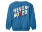 Sweat-shirt bleu Mickey Mouse avec le texte 'NEVER BORED' et la main et les oreilles de Mickey