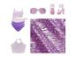 Maillot de bain, lunettes de soleil, sandales à talons hauts et sac à main violet pour poupée.