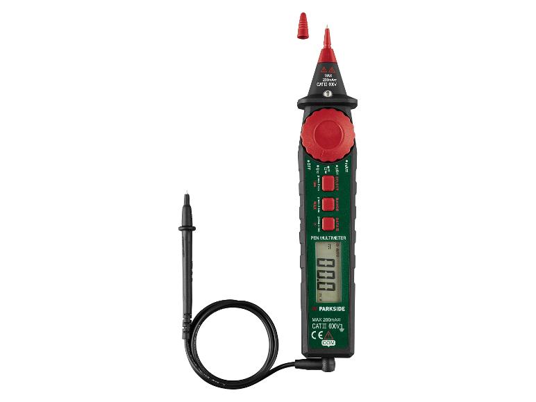 Multimètre numérique stylo avec écran LCD et sonde de mesure.