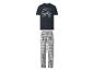 Pyjama homme avec t-shirt bleu marine imprimé et pantalon à carreaux gris.