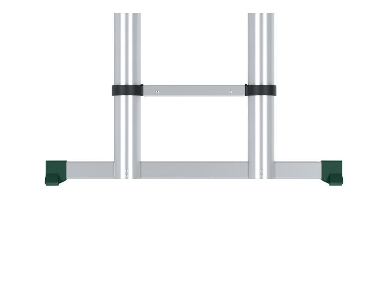 Détail d'une échelle avec des montants en aluminium et des pieds verts.