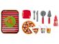 Jouet pizza, assiette, couverts, couteau à pizza et ketchup.