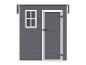 Abri de jardin gris avec fenêtre et porte blanches