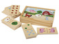 Un jeu de dominos en bois avec des images d'animaux de la ferme et des points.
