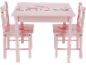 Table et deux chaises roses pour enfants avec illustrations d'animaux de la forêt.