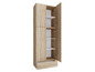 Une armoire en bois avec deux portes, trois étagères et un tiroir.