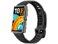 Bracelet connecté noir avec écran couleur affichant l'heure, les pas et la batterie.