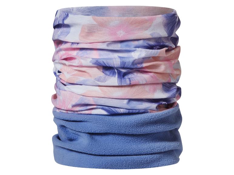 Bandana tubulaire à imprimé floral rose et violet, avec section inférieure en polaire bleue.