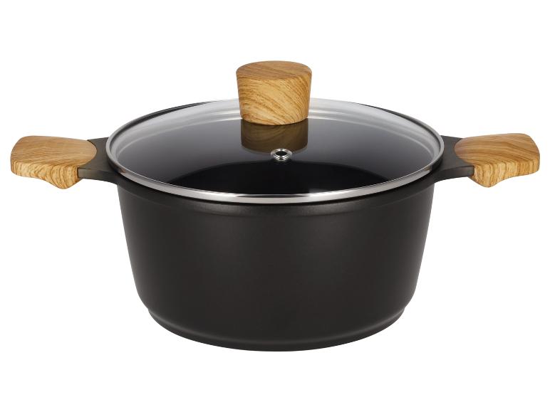 Marmite noire avec poignées en bois et couvercle en verre