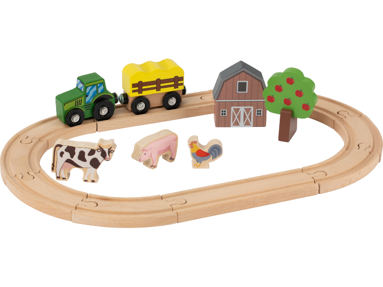 Circuit de train en bois avec tracteur, wagon, grange, arbre et animaux de la ferme.