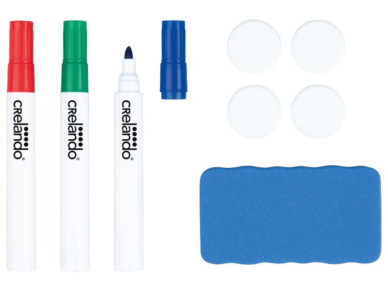 Marqueurs de tableau blanc rouges, verts et bleus avec effaceur et aimants.