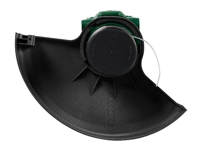 Gros plan d'une tête de coupe-bordure noire avec base verte et fil de coupe blanc.