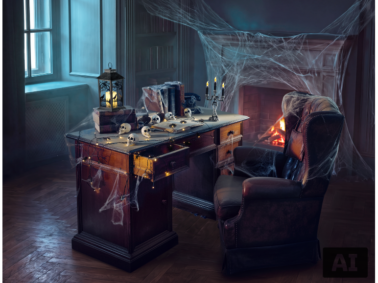 Bureau sur le thème d'Halloween avec un bureau, une chaise, une cheminée et des décorations effrayantes comme des crânes et des toiles d'araignée.