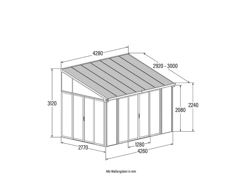 Dessin dimensionnel d'une véranda de jardin avec toit en pente et portes coulissantes.