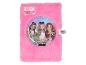 Journal intime rose pelucheux 'FOREVER GIRLIE' avec trois filles dessinées et des paillettes.
