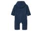 Combinaison bébé en laine bleu foncé à capuche.