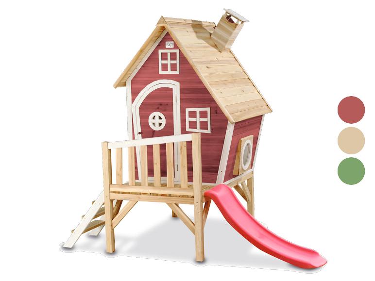 Maisonnette en bois rouge avec toboggan rose et échelle, avec palette de couleurs.