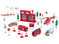 Ensemble de jouets avec camion de pompiers, ambulance, hélicoptère et panneaux de signalisation.