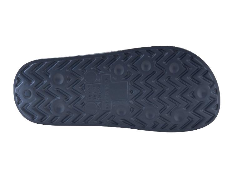 Semelle de sandale de piscine bleue avec motif en zigzag et informations de taille.