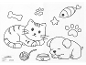 Dessin à colorier avec chat, chien, os, poisson, pelote de laine et gamelle.