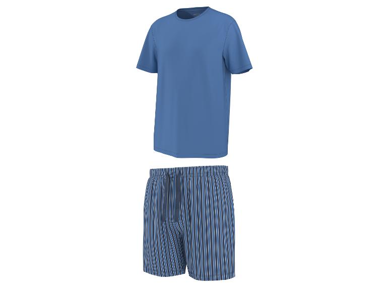 Pyjama homme avec t-shirt bleu uni et short à rayures bleues.