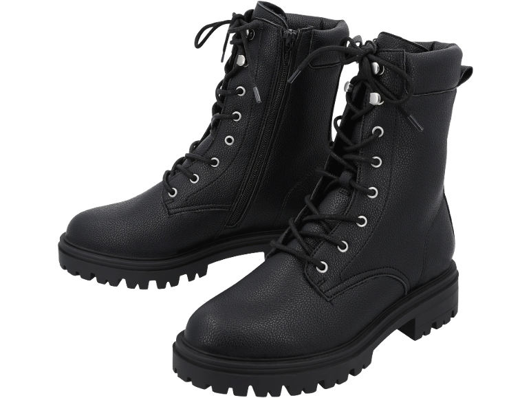 Bottes noires de style militaire avec lacets et fermeture éclair latérale.
