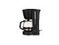Cafetière filtre noire avec verseuse en verre remplie de café.