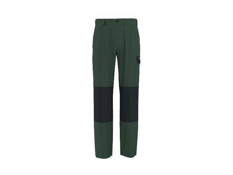Pantalon de travail vert et noir avec genoux renforcés et poche latérale.