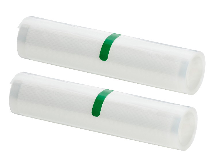Deux rouleaux de sacs sous vide pour emballer les aliments.