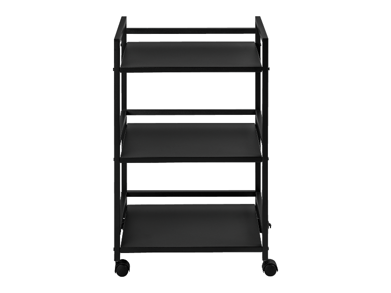 Un chariot noir à trois niveaux et roulettes.