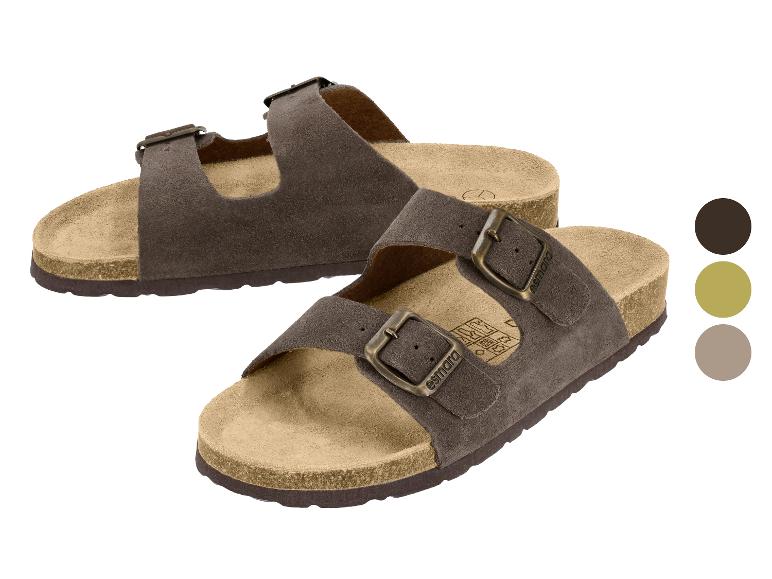 Sandales marron pour femme avec boucles, avec trois échantillons de couleur à côté.