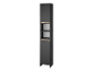 Une armoire haute et étroite, gris foncé, avec des étagères et des portes.