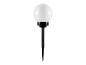 Lampe de jardin noire avec un abat-jour sphérique blanc pour l'extérieur.