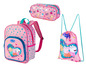 Un sac à dos, une trousse et un sac à cordon rose avec Peppa Pig.