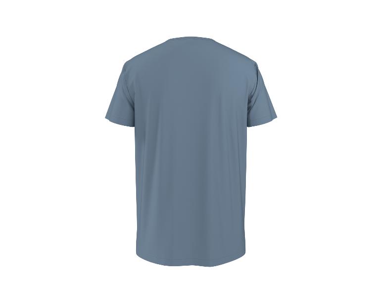 Un t-shirt bleu-gris à manches courtes, vu de dos.