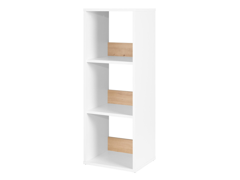 Une bibliothèque blanche avec trois étagères et des accents en bois.