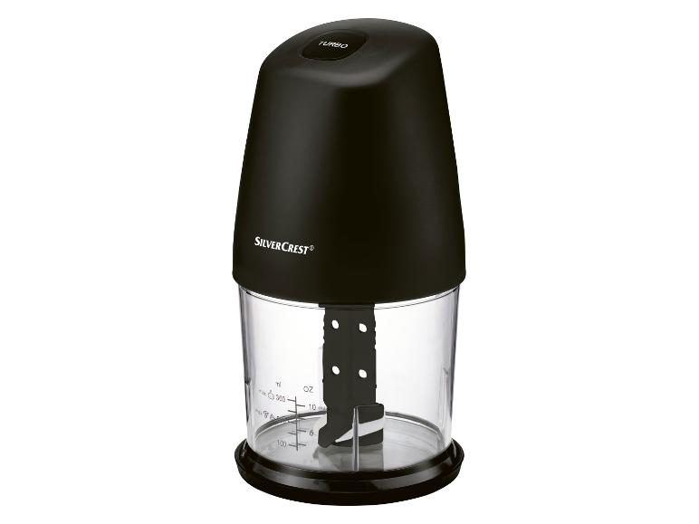 Un robot de cuisine Silvercrest noir avec un bol transparent.