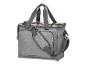 Sac organisateur de couture gris avec poignées et bandoulière, avec compartiment supérieur transparent.