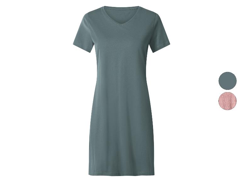 Robe femme à manches courtes et col en V bleu-vert, avec échantillons de couleur rose et bleu-vert.