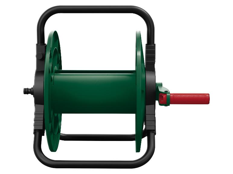 Dévidoir de tuyau d'arrosage vert et noir avec poignée rouge