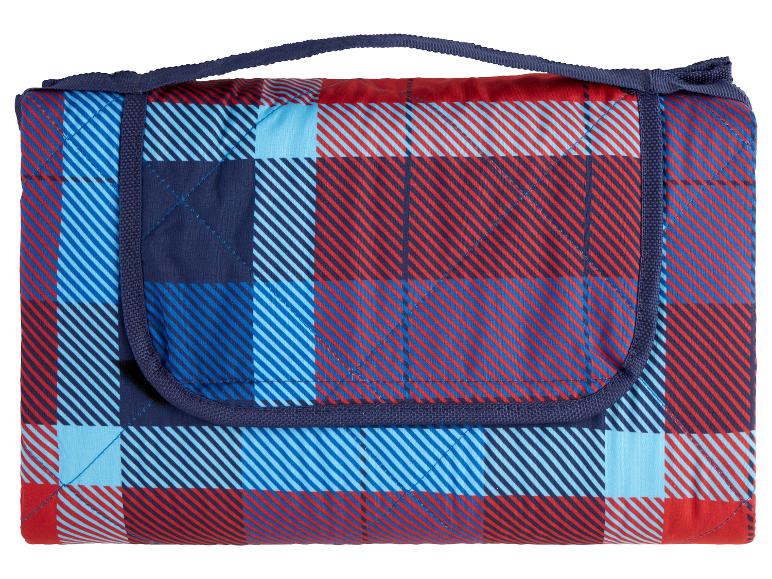 Couverture de pique-nique à carreaux rouges et bleus.