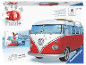 Puzzle 3D d'un van aménagé classique rouge et blanc avec des roues mobiles.