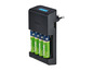 Un chargeur noir Tronic avec quatre piles AA.