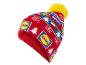 Un bonnet rouge avec pompon, avec le logo Lidl et un motif de Noël.