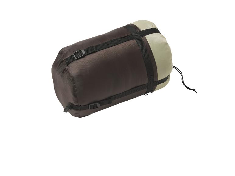 Sac de couchage roulé marron et beige avec sangles de compression