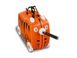 Une valise orange à imprimé tigre pour enfant, avec poignée télescopique.