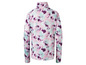 Un haut à manches longues rose et violet avec un motif abstrait.