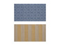 Deux tapis: un bleu avec un motif géométrique et un beige à rayures.