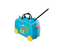 Une valise bleue à roulettes avec une poignée télescopique et un motif Peppa Pig.